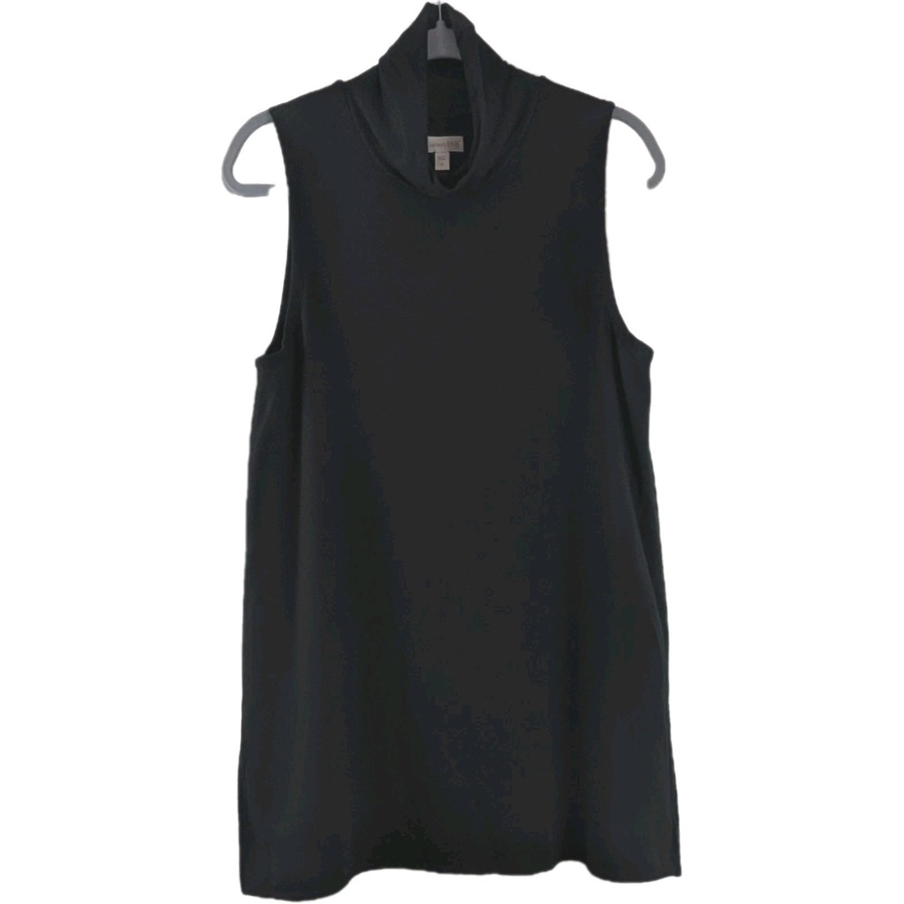 Garnet‎ Hill Sleeveless Tunic Top Medium Tencel Mock Neck Black A-Line Lagenlook